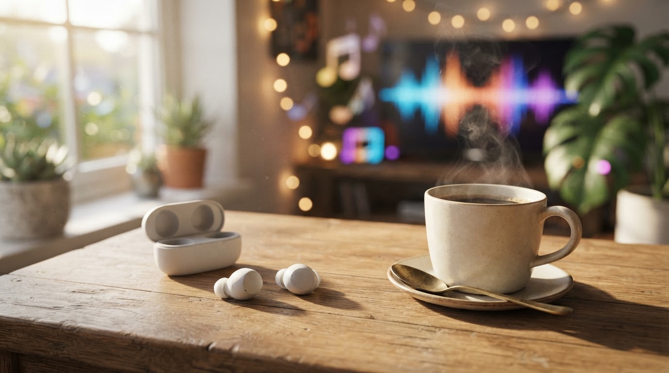 Bluetooth Earbuds Technology Wireless earbuds and coffee cup on a wooden desk