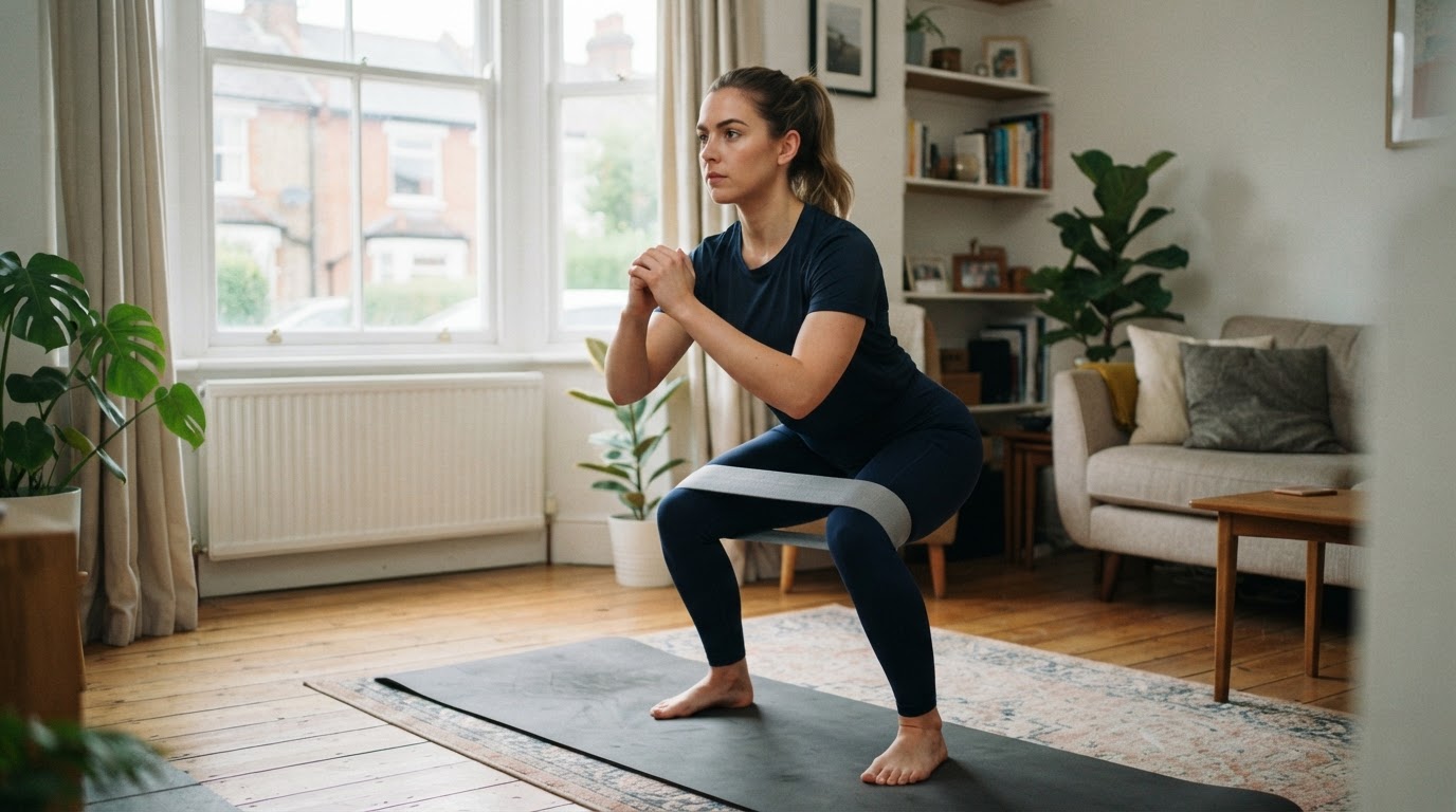 Woman performing a banded squat with a loop resistance band on a mat at home in the UK