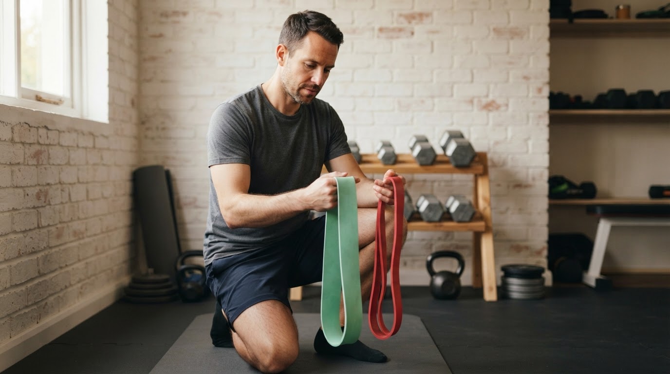 Man comparing two different coloured resistance bands to choose the right resistance level