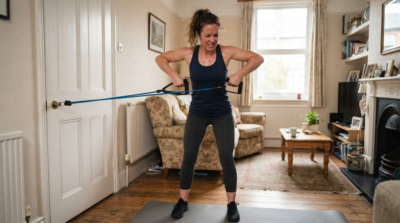 Woman performing a standing resistance band row using a door-anchored tube band