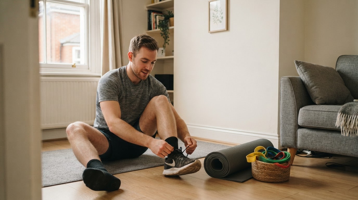 Compact home gym corner in a small UK flat with resistance bands stored in a basket