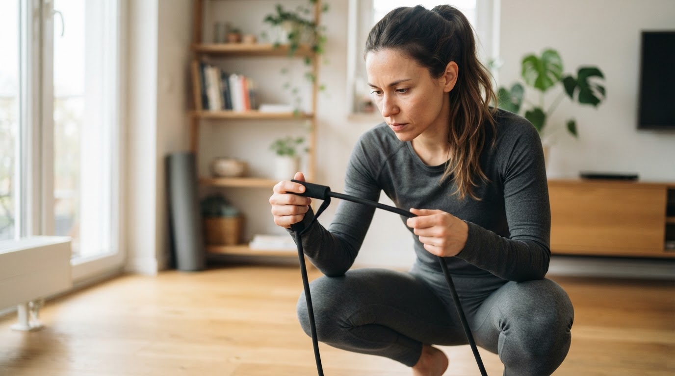 Woman inspecting a resistance band for wear and damage before starting a workout