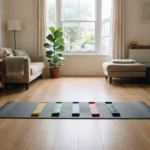 Set of colourful resistance bands laid out on a yoga mat ready for a home workout