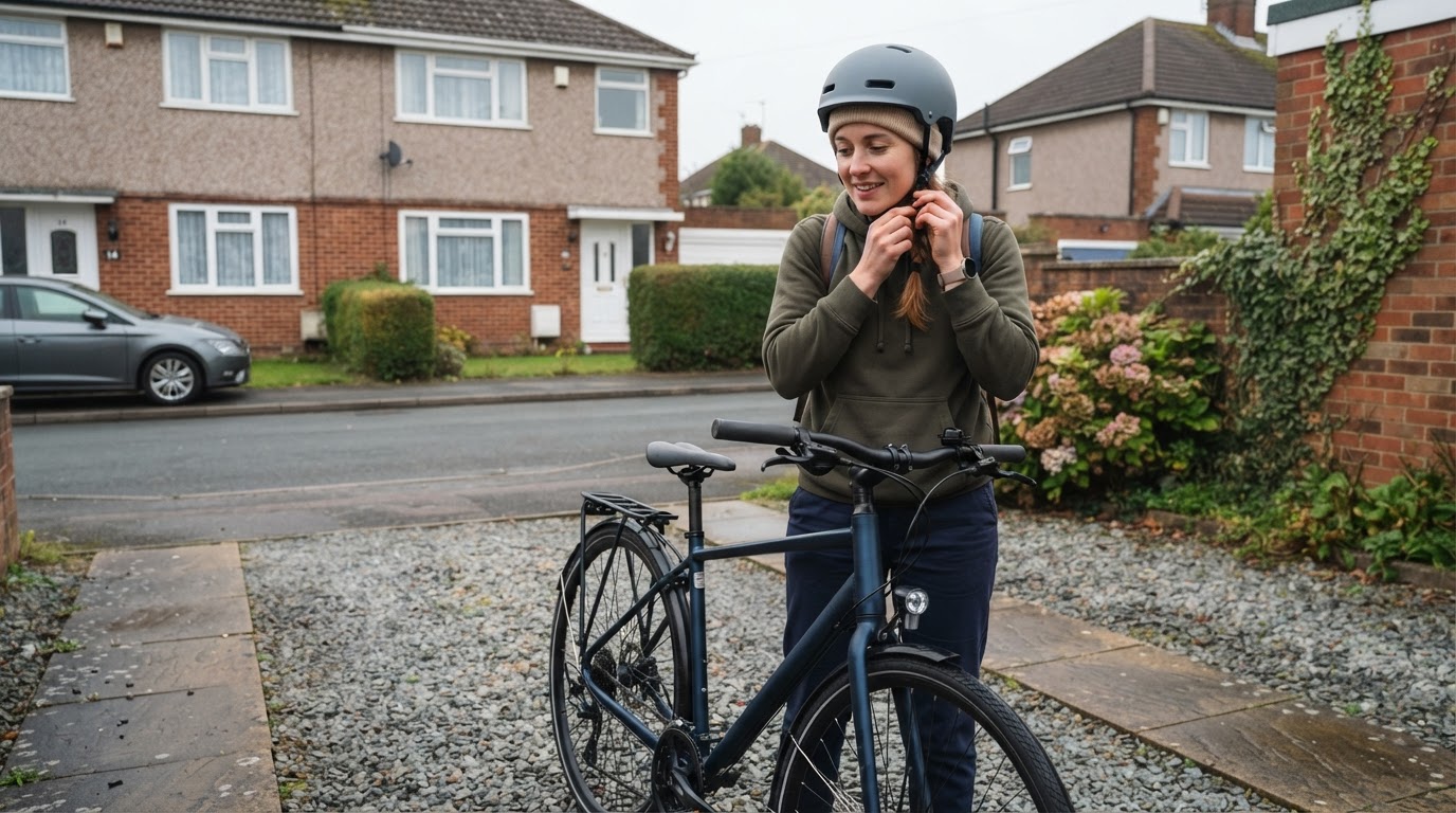 Checking helmet and lights before riding Beginner cyclist checking a helmet and bike light before an early morning ride in the UK