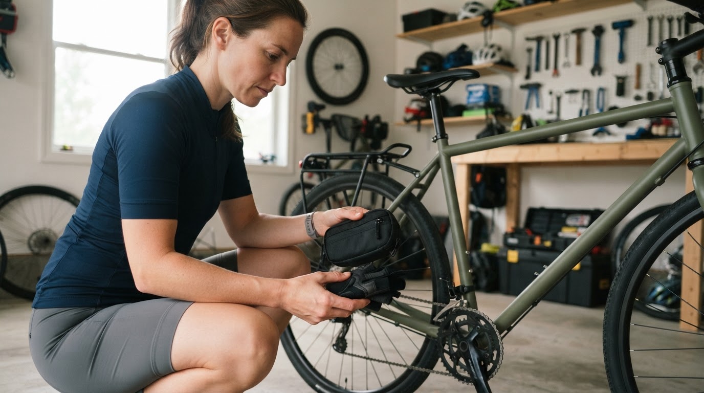 Beginner repair kit and gloves check Cyclist checking a puncture repair kit and gloves before heading out on a bike ride