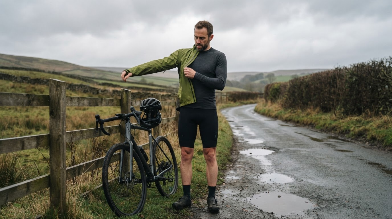 Layering up for wet UK cycling weather Cyclist putting on a waterproof outer layer over a base layer before riding in UK weather