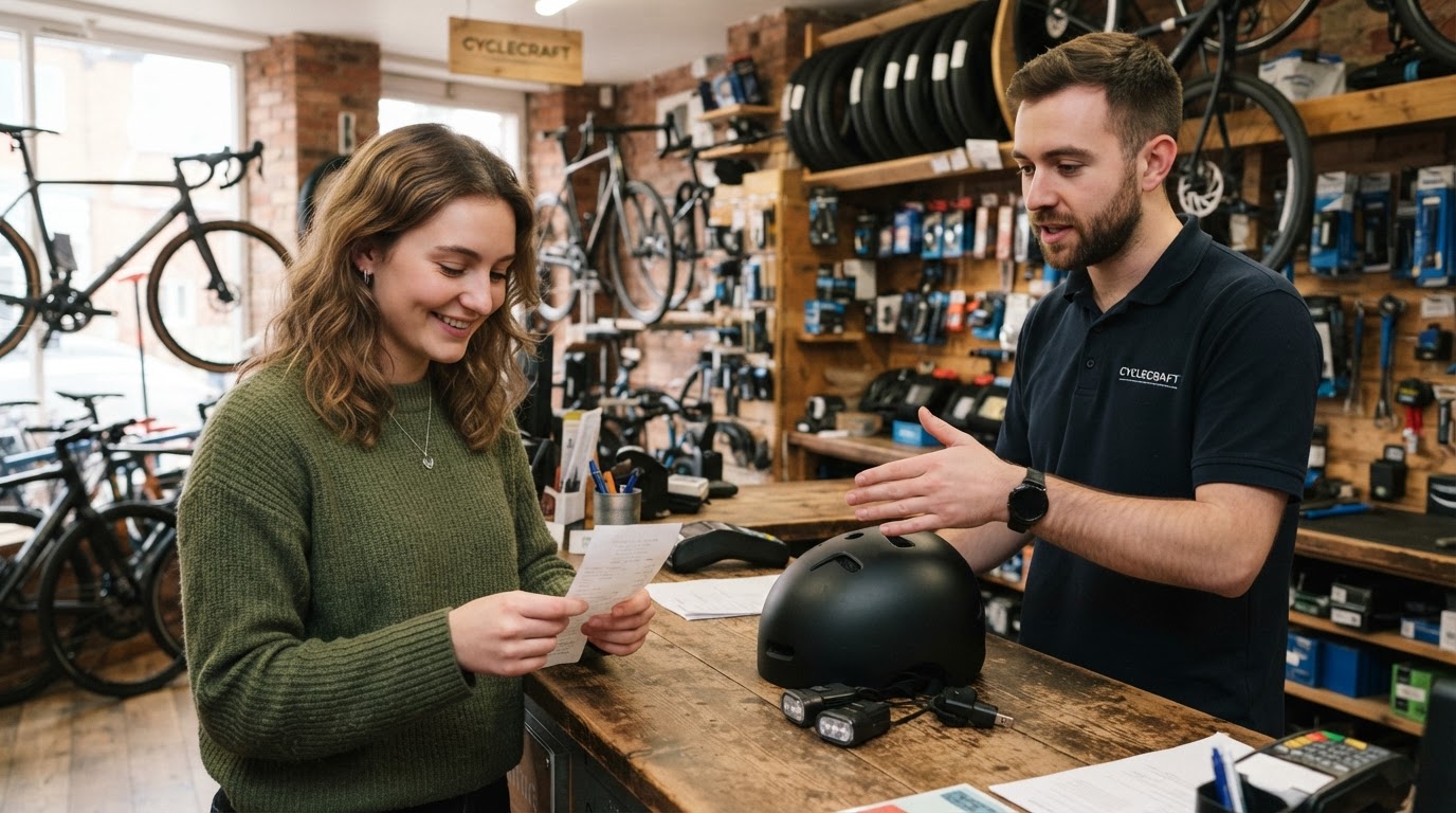 Buying a realistic starter cycling kit Beginner cyclist reviewing a receipt for starter gear at a small UK bike shop counter
