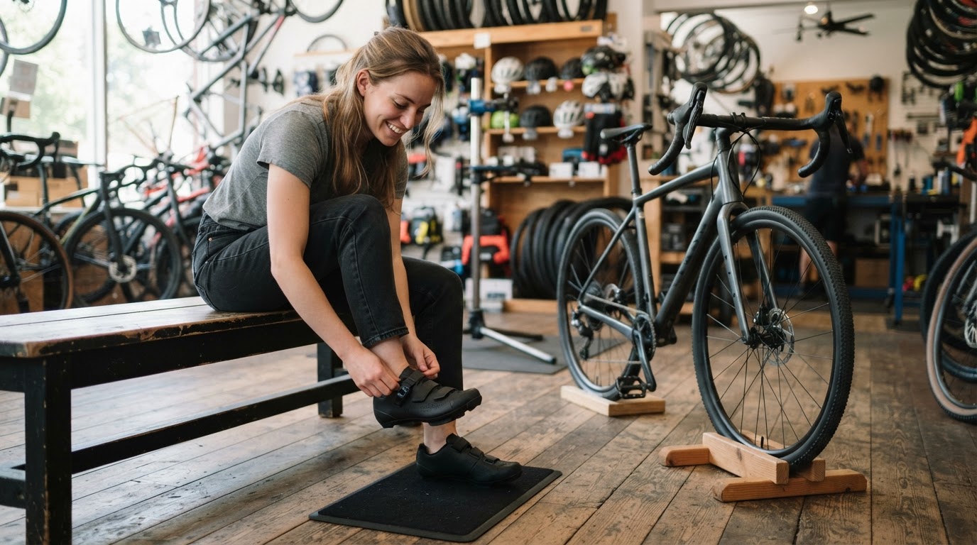Deciding whether clip-in shoes can wait Beginner cyclist trying on clip-in cycling shoes while deciding whether they are needed yet