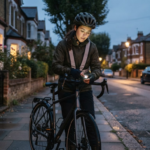 Cyclist adjusting a front bike light at dusk before an evening ride in the UK