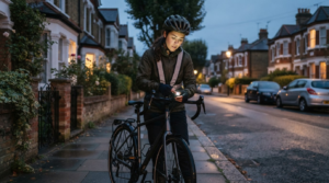 Beginner cycling gear checklist: what UK riders actually need 16 Cyclist adjusting a front bike light at dusk before an evening ride in the UK