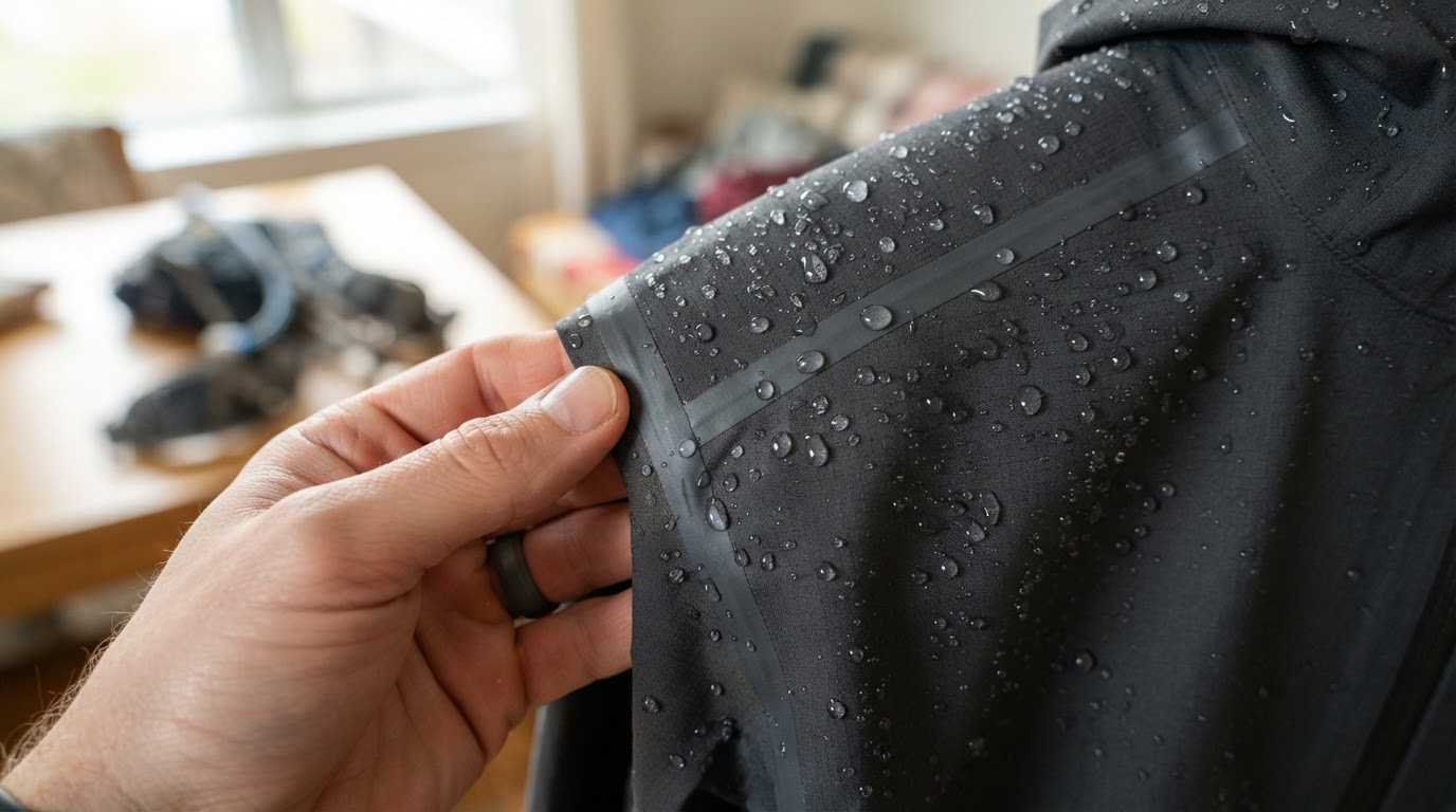 Close-up of water beading off a taped seam on a waterproof running jacket