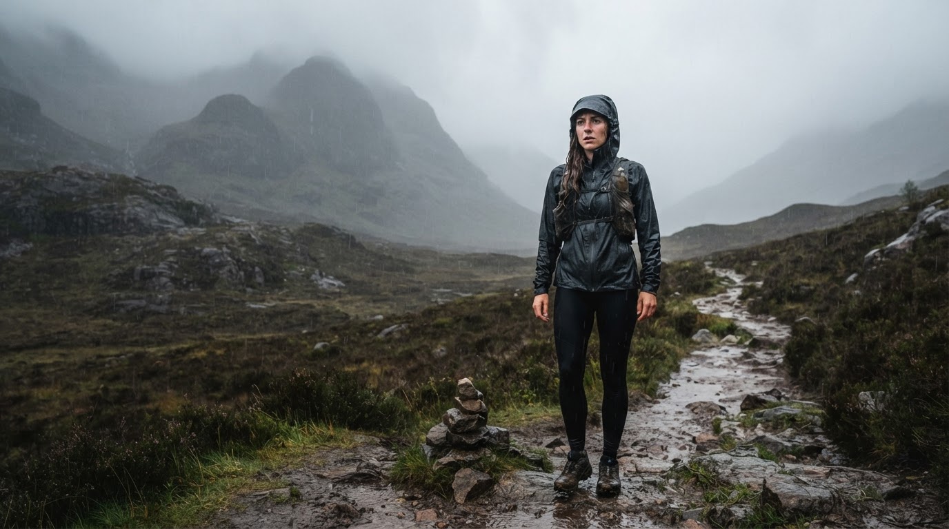 Runner in a waterproof jacket facing heavy rain on a Scottish highland trail