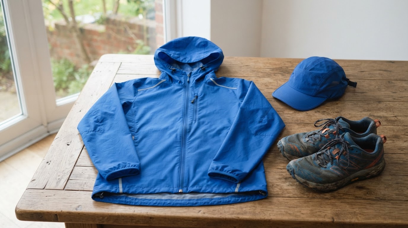 Budget waterproof running jacket laid flat next to running shoes and a cap
