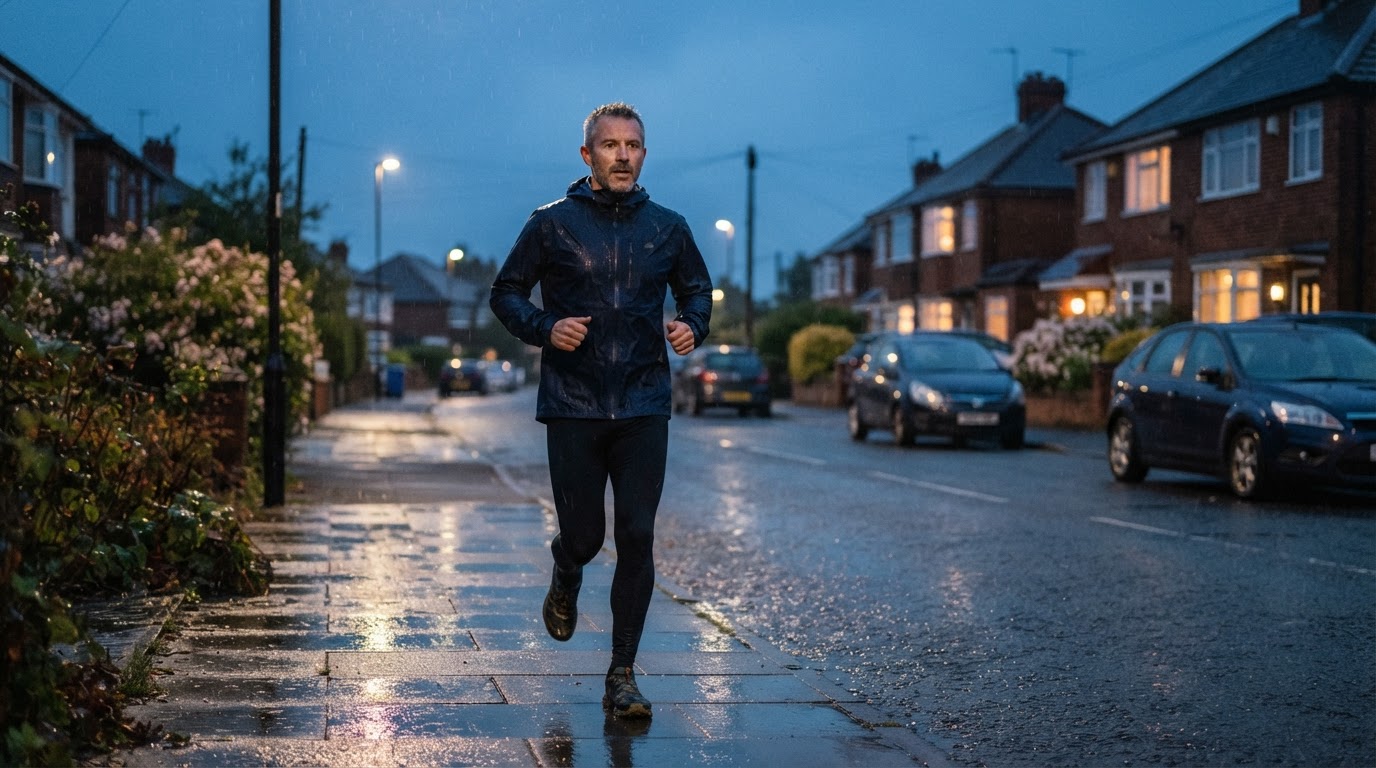 Runner wearing an all-rounder waterproof running jacket on a rainy street at dusk