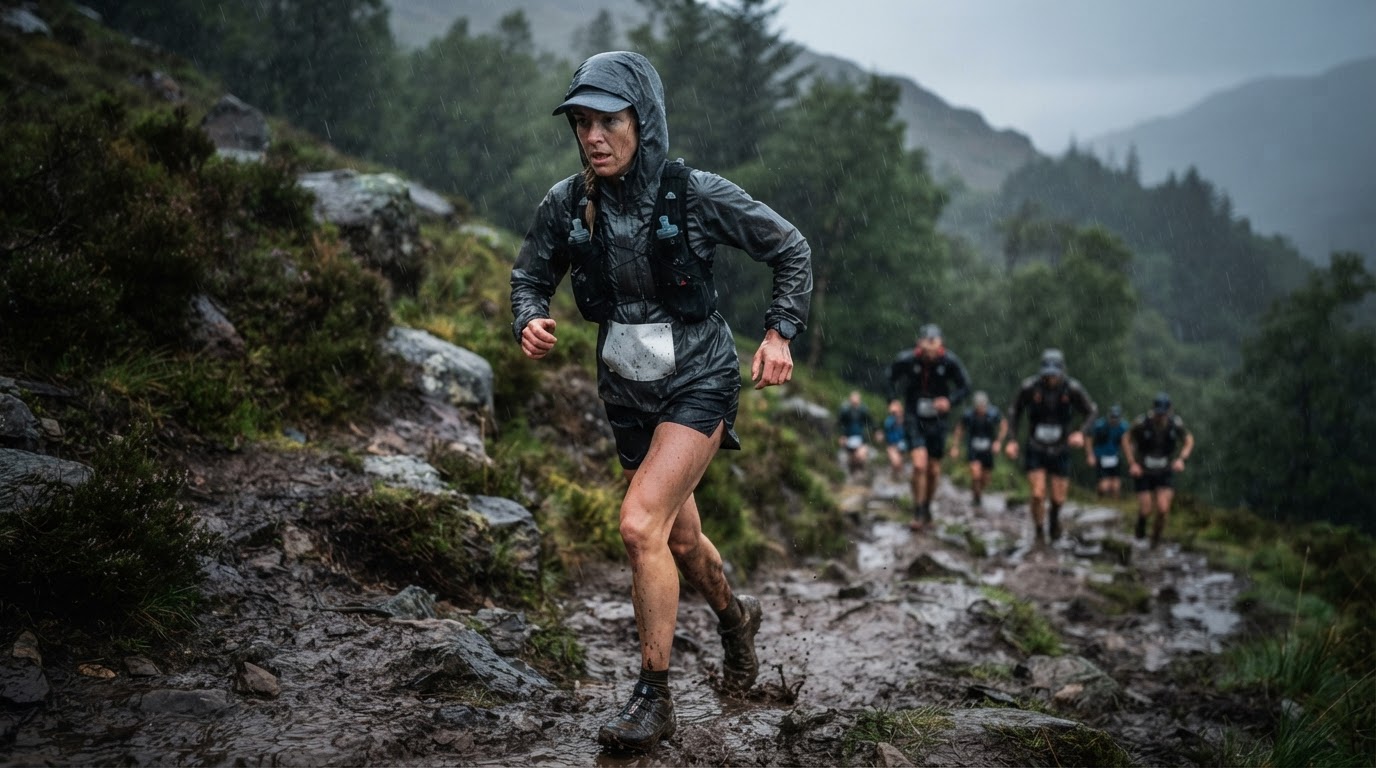 Trail race runner wearing an ultralight waterproof jacket in driving rain