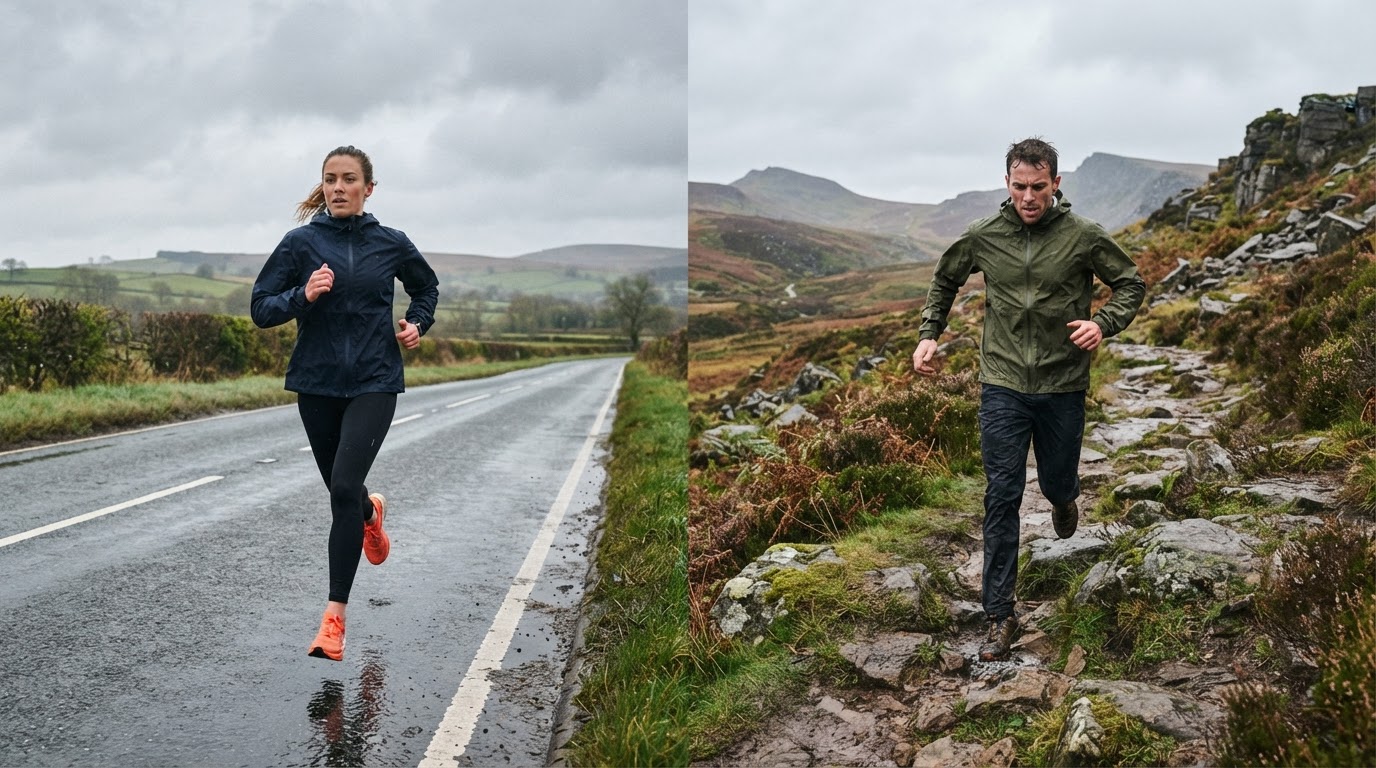 Comparison of a road runner and a trail runner wearing waterproof jackets