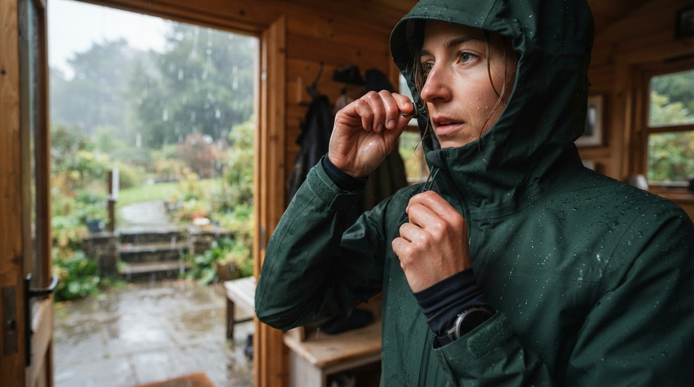 Runner adjusting the hood toggle and cuff of a waterproof running jacket