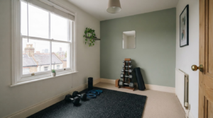 Home gym flooring mats for small UK spaces 14 Small UK flat bedroom corner set up as a compact home gym with rubber flooring