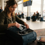 Traveller packing a portable charger into hand luggage at a UK airport departure lounge