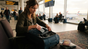 Best portable chargers for travel UK in 2026 5 Traveller packing a portable charger into hand luggage at a UK airport departure lounge