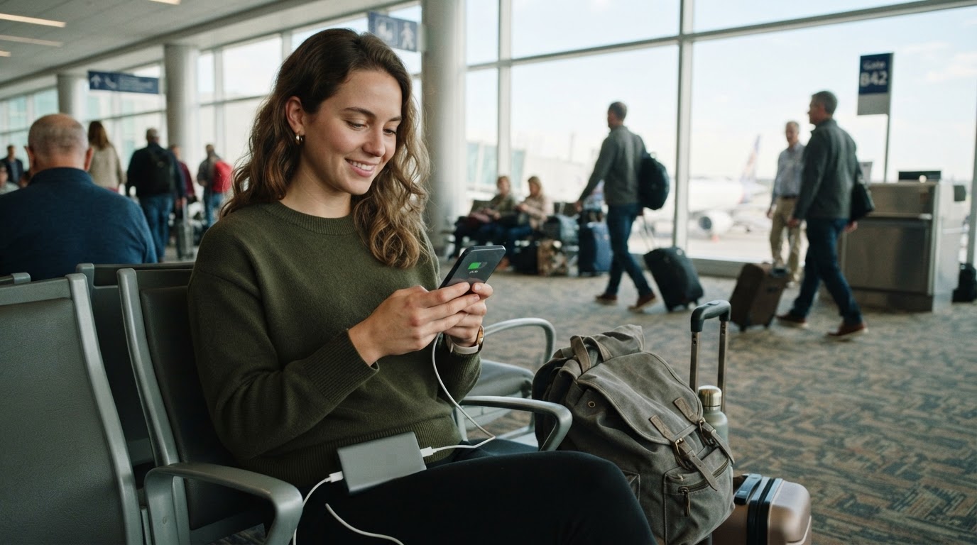 Traveller checking her phone battery while charging it from a portable power bank at an airport gate