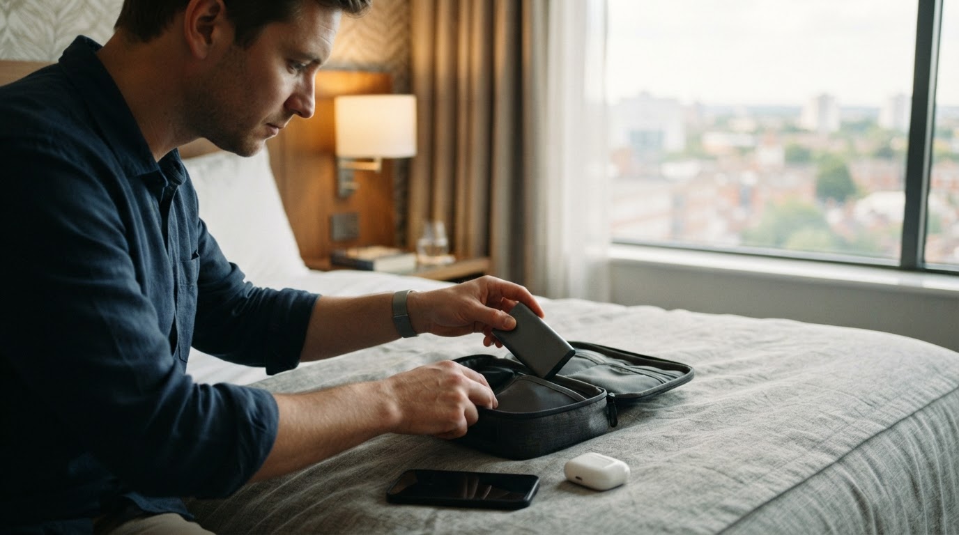 Traveller packing a portable charger, phone and earbuds into a travel organiser pouch