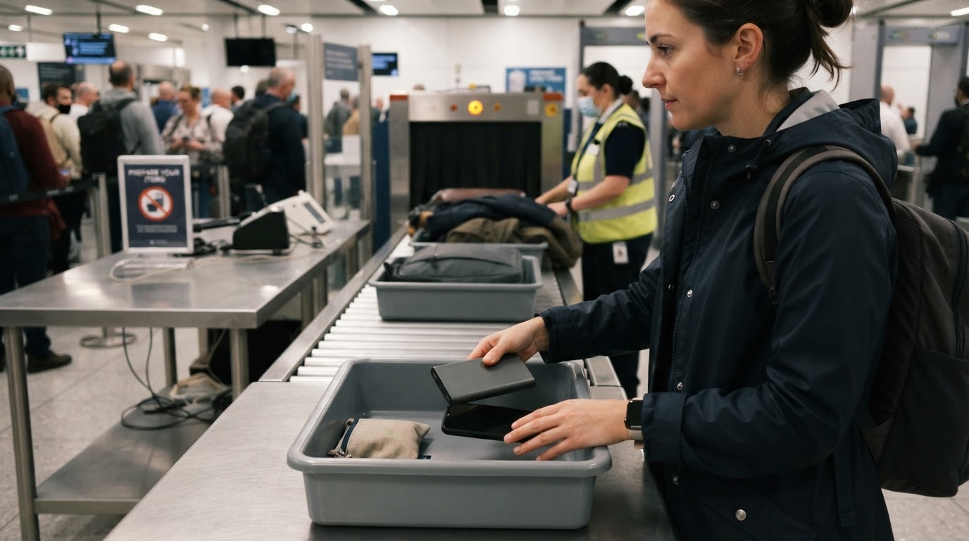 Traveller placing a portable charger and phone into a tray at UK airport security