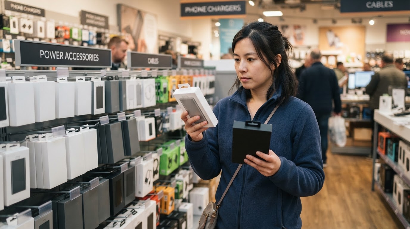 Shopper comparing two portable charger boxes on a shelf in an electronics store
