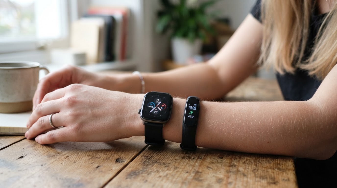 Person comparing a mid-range smartwatch and a basic fitness band side by side on their wrists
