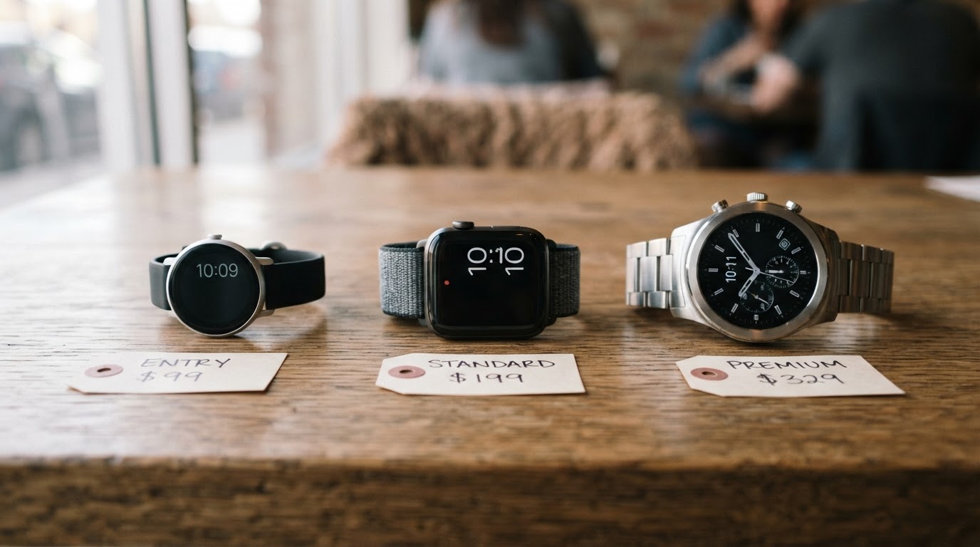 Three smartwatches of increasing size and build quality laid out together on a table