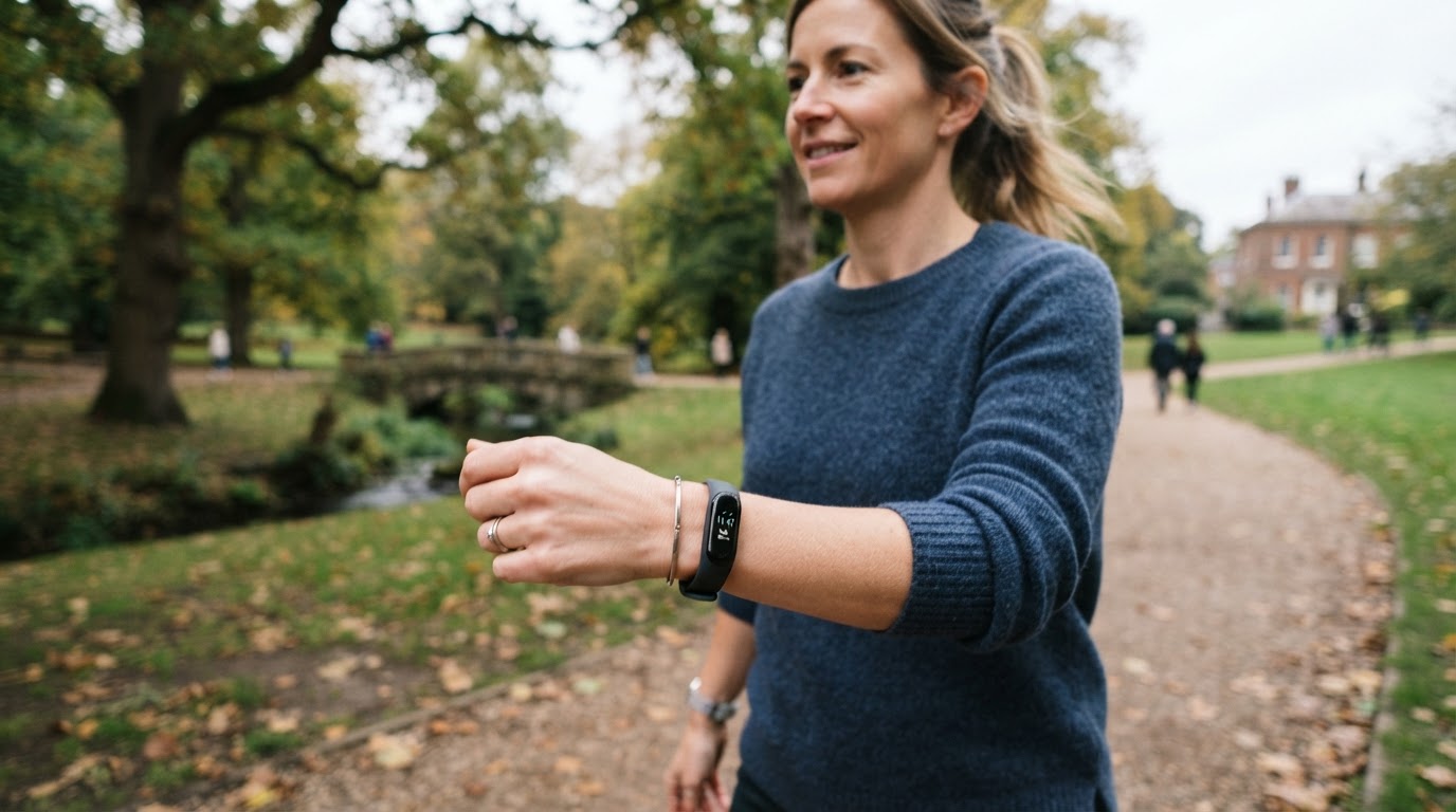 Person wearing a slim fitness band on their wrist while walking outdoors