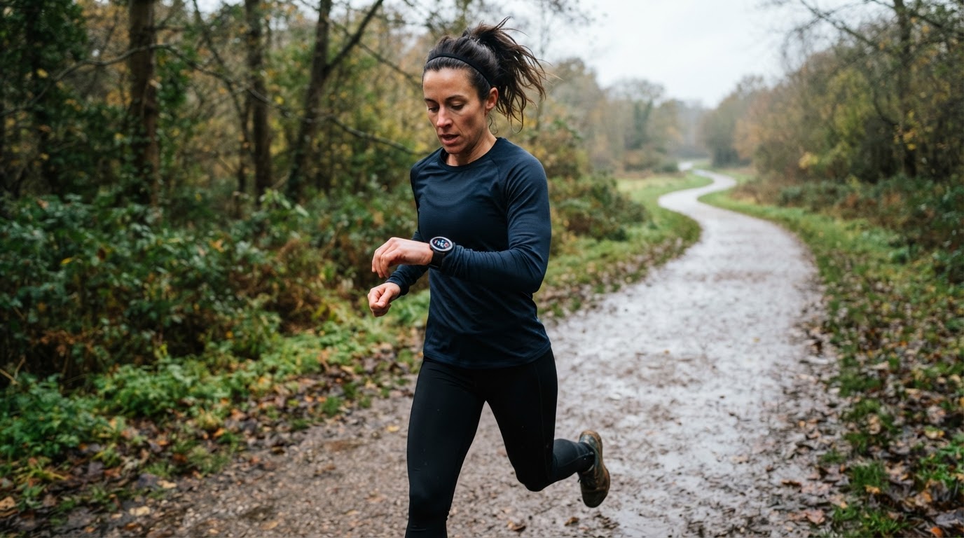 Runner glancing at a bright round smartwatch display while jogging outdoors