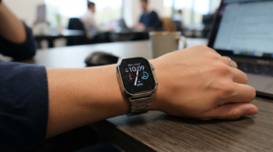 Best budget smartwatch UK: 2026 picks by price tier 4 Close-up of a metal-bodied smartwatch with a large display worn on the wrist