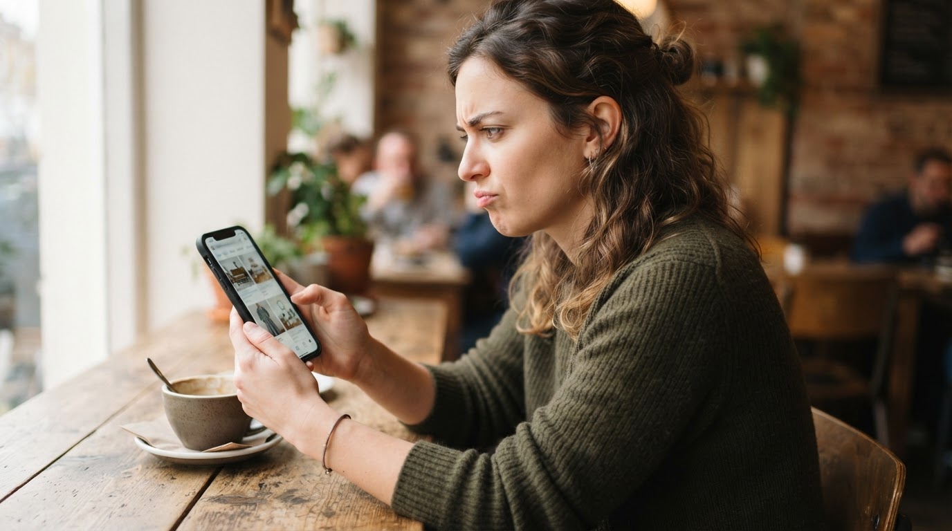 Person looking skeptically at a smartwatch listing on their smartphone screen
