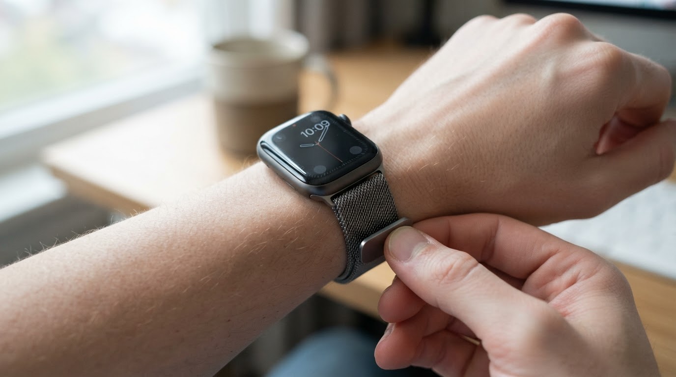Close-up of a hand adjusting the strap on a smartwatch to check the fit