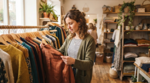 Best affordable sustainable fashion brands in the UK 7 Woman browsing affordable sustainable clothing on a rail in a small UK boutique