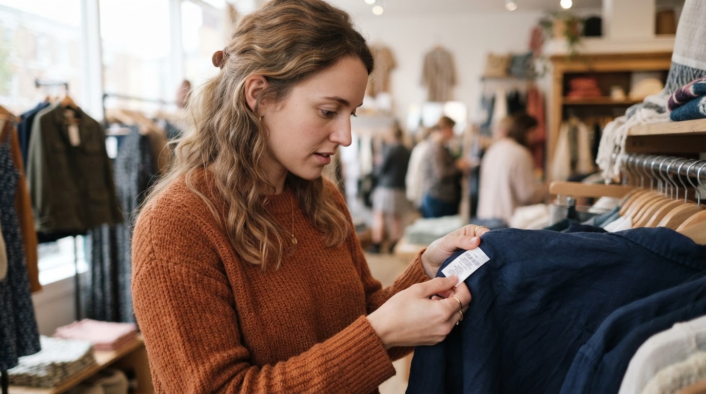 Shopper reading a garment's care label to check sustainability claims