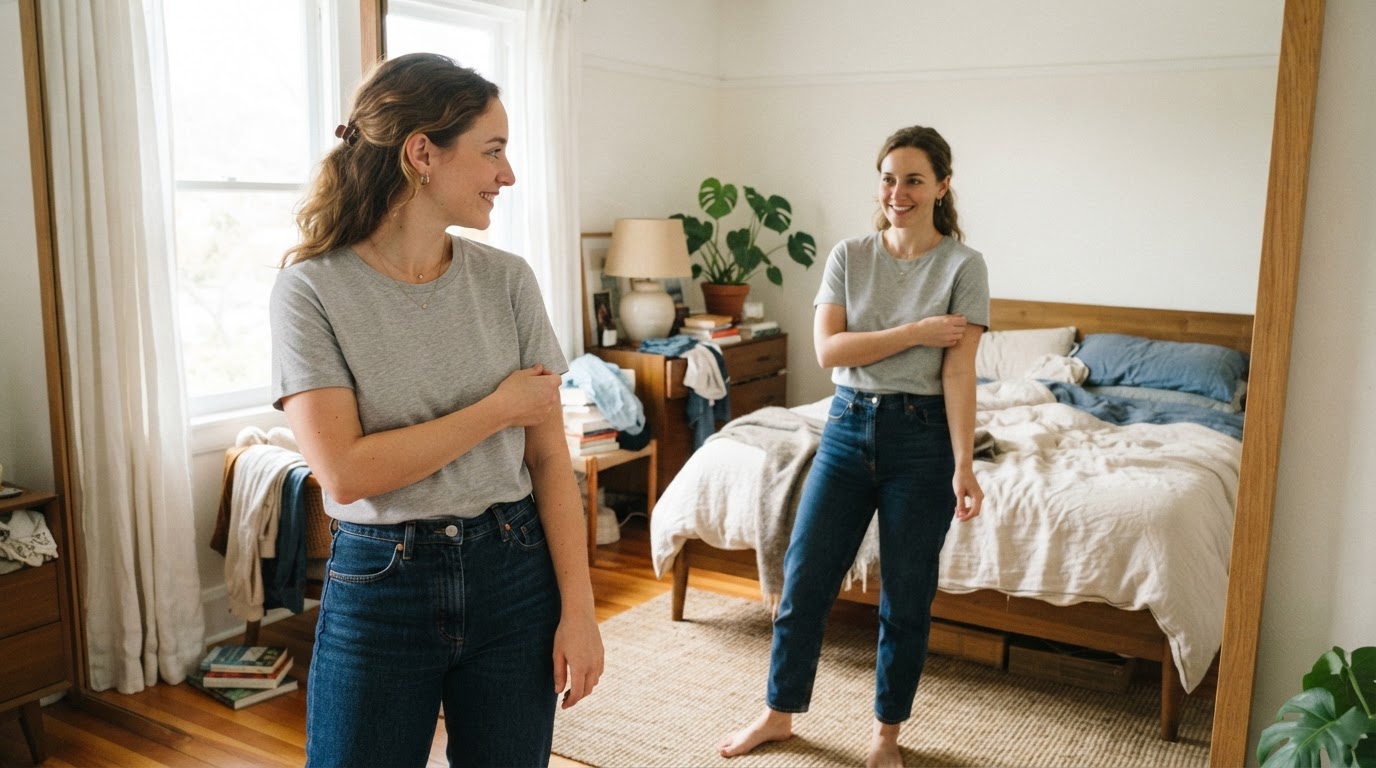 Person trying on an affordable sustainable cotton basic in front of a mirror at home