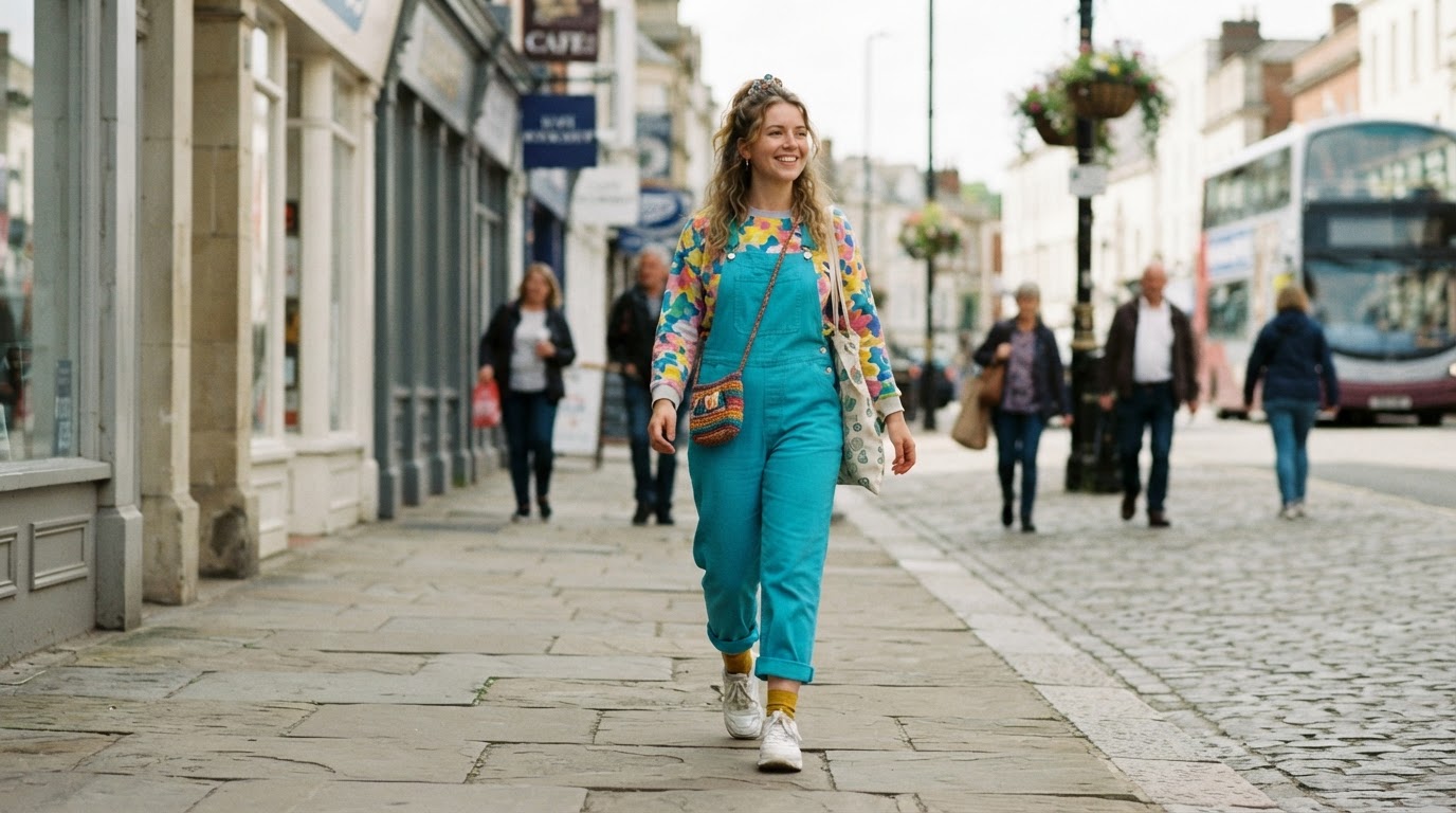 Person wearing a colourful fashion-led sustainable outfit on a UK high street
