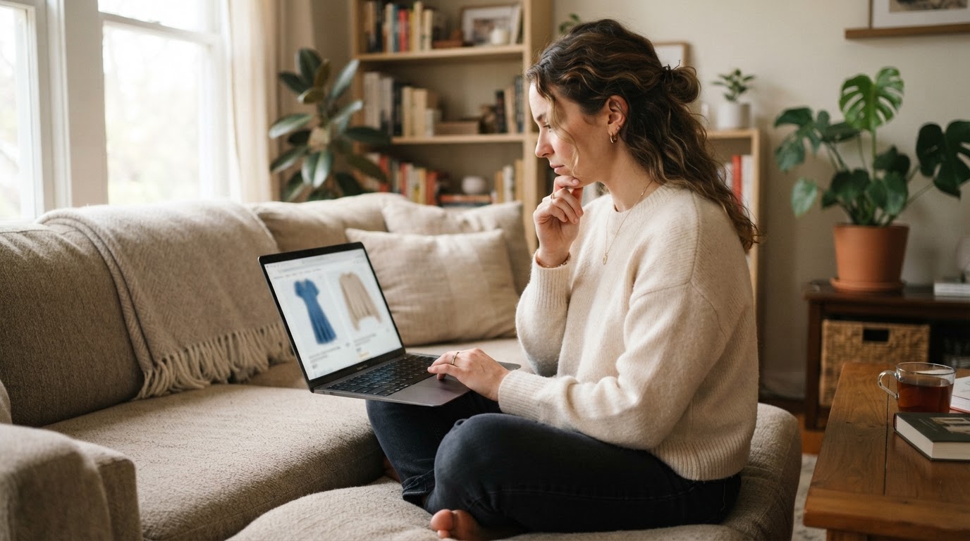 Woman comparing sustainable fashion brands on a laptop at home