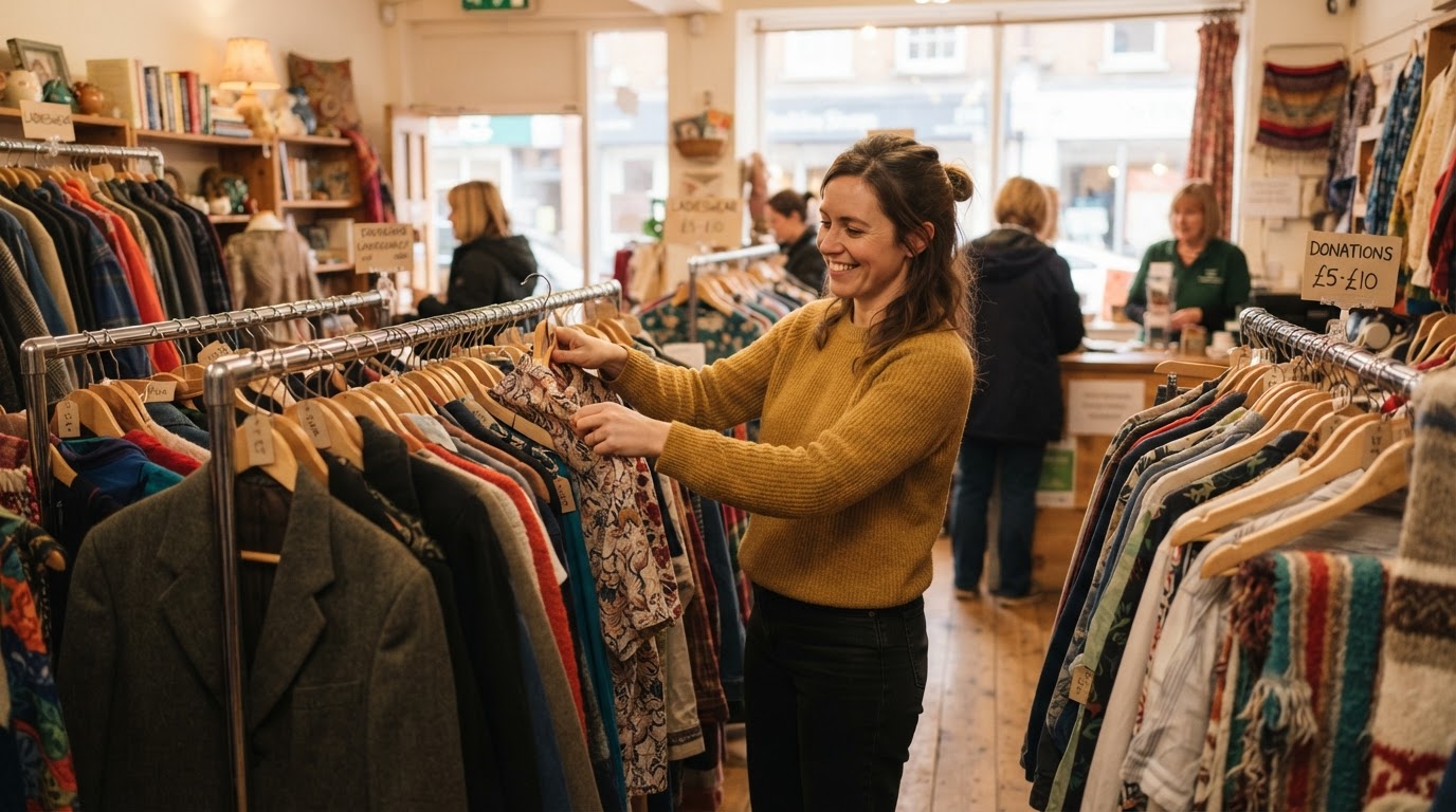 Customer browsing secondhand clothing rails in a UK charity shop