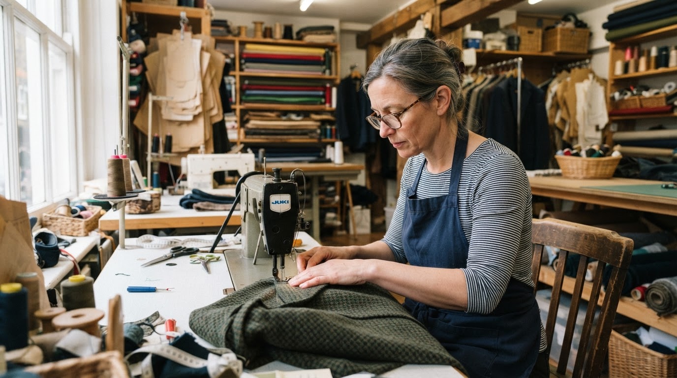 Seamstress at a sewing machine in a small UK sustainable garment workshop
