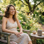 Woman relaxing in a sunny garden with a small budget Bluetooth speaker on the table