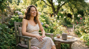 Best budget Bluetooth speaker UK, sorted by price and real battery life 3 Woman relaxing in a sunny garden with a small budget Bluetooth speaker on the table
