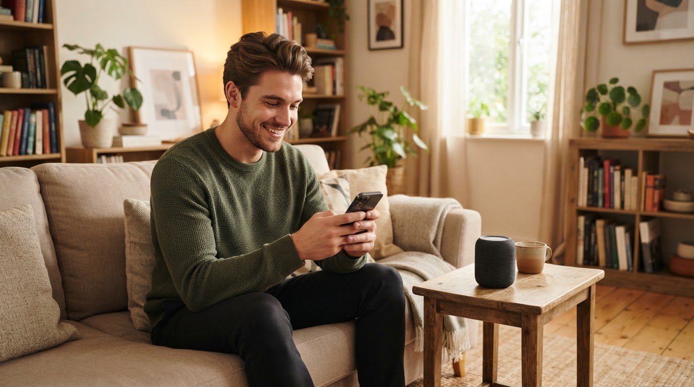 Everyday budget speaker use at home Man relaxing at home on a sofa with a small budget Bluetooth speaker on a side table