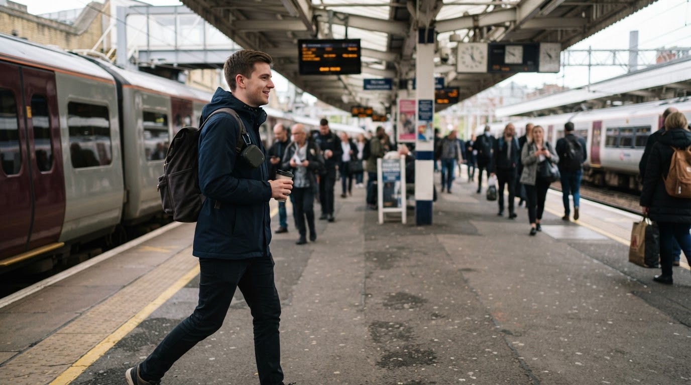 Portable speaker for daily UK commuting Commuter on a UK train platform with a small Bluetooth speaker clipped to a backpack strap