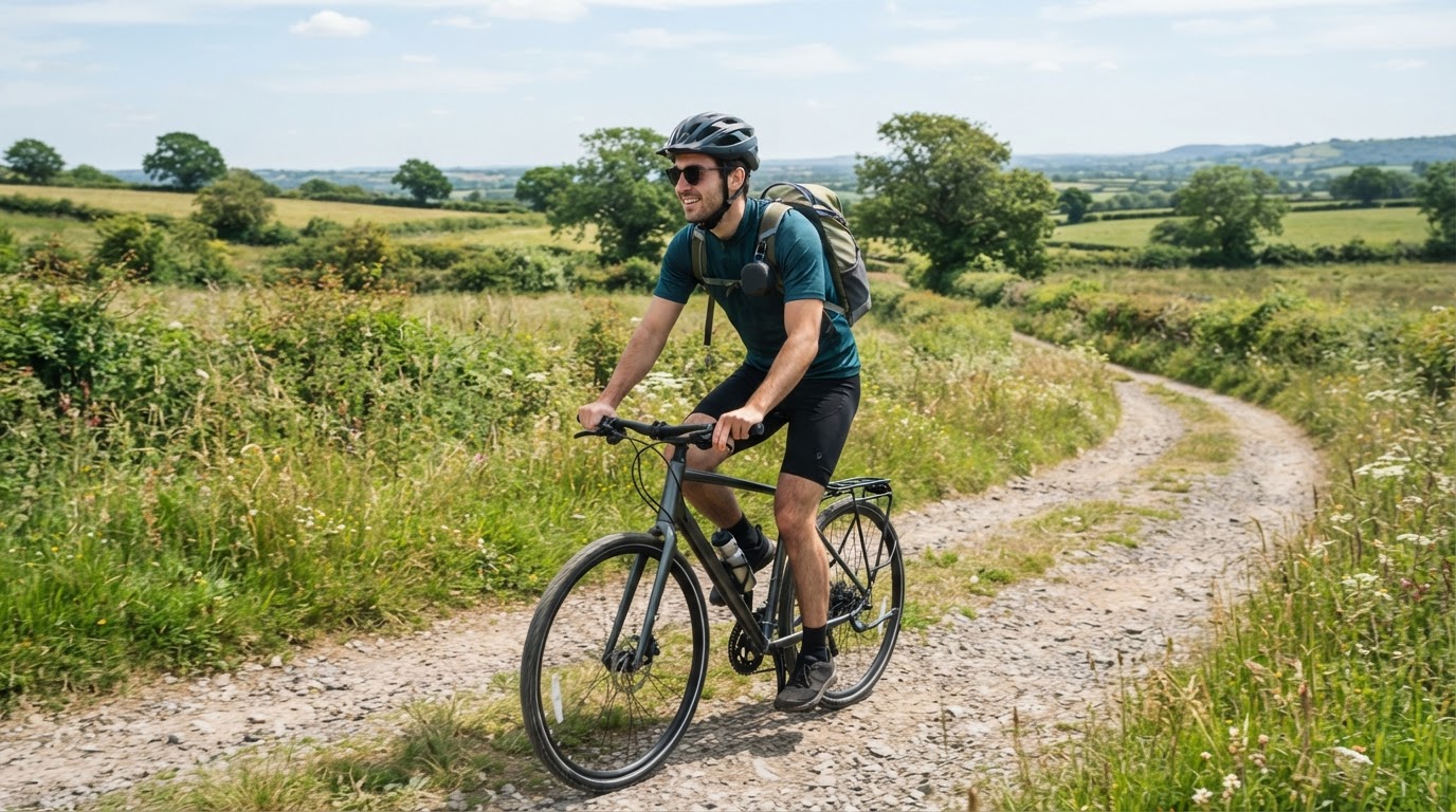 Rugged speaker for outdoor cycling trips Cyclist on a countryside path with a waterproof budget Bluetooth speaker clipped to a backpack