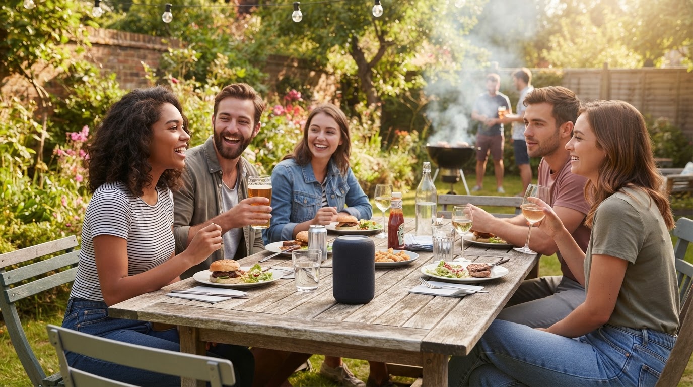 Garden speaker for small friend gatherings Small group of friends at a sunny garden gathering with a portable Bluetooth speaker on the table