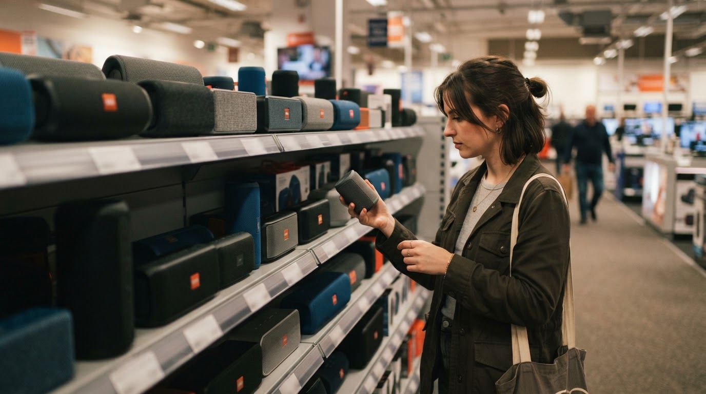 Browsing budget speakers during January sales Shopper browsing a shelf of portable Bluetooth speakers in a UK electronics store aisle