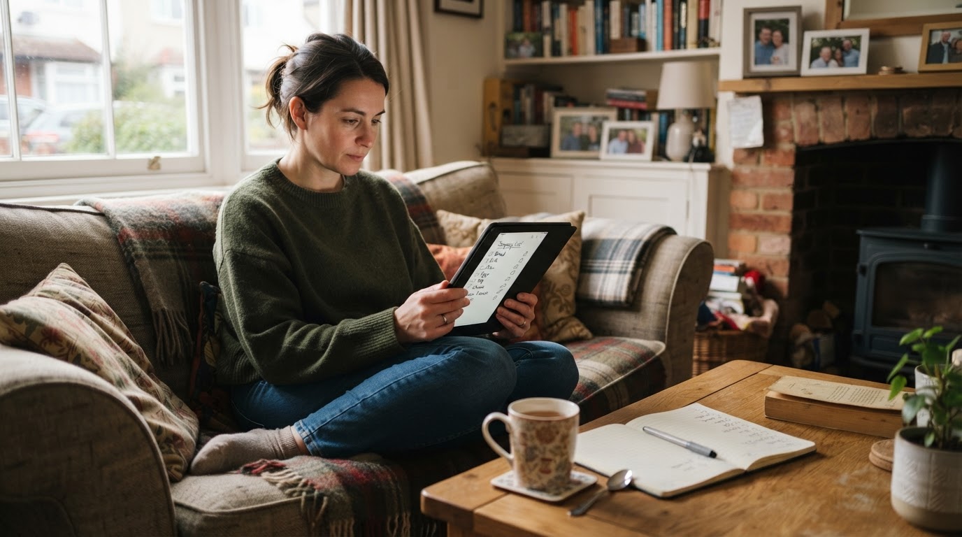 Person choosing a budget tablet at home Person on a sofa holding a tablet while comparing budget options at home